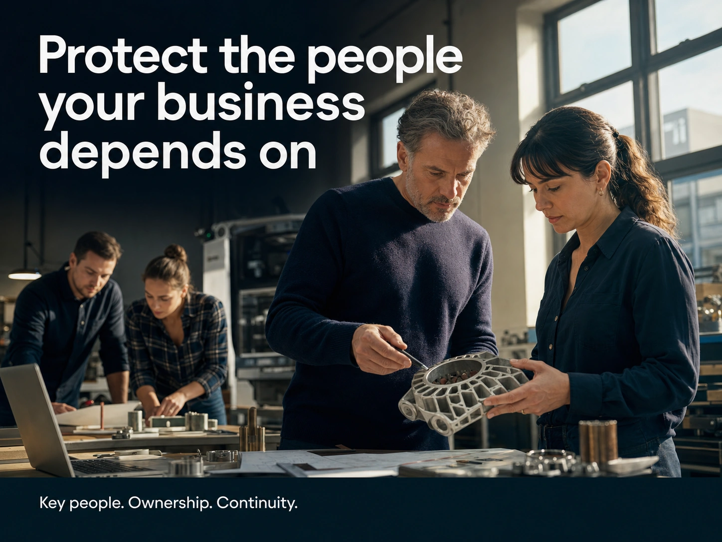 Concept illustration: Protect the people your business depends on. Key people, ownership and continuity.